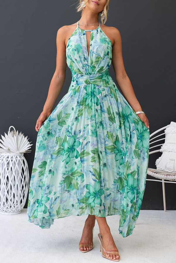 Halter Neck Sleeveless V-Neck Printed Swing Dress