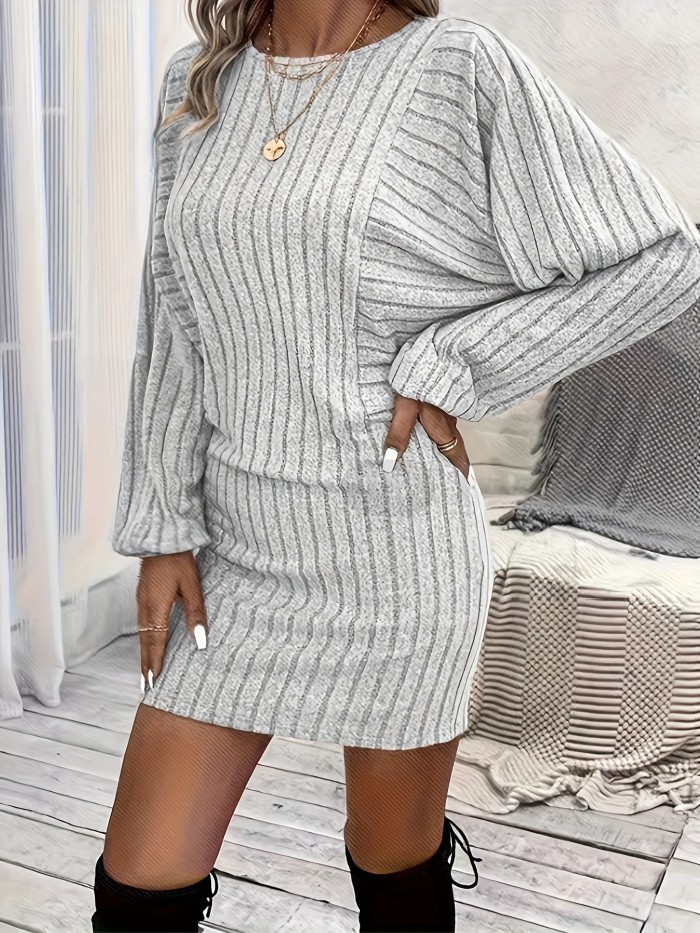 Rib Knit Crew Neck Dress, Elegant Long Sleeve Bodycon Aline Dress For Spring & Fall, Women's Clothing