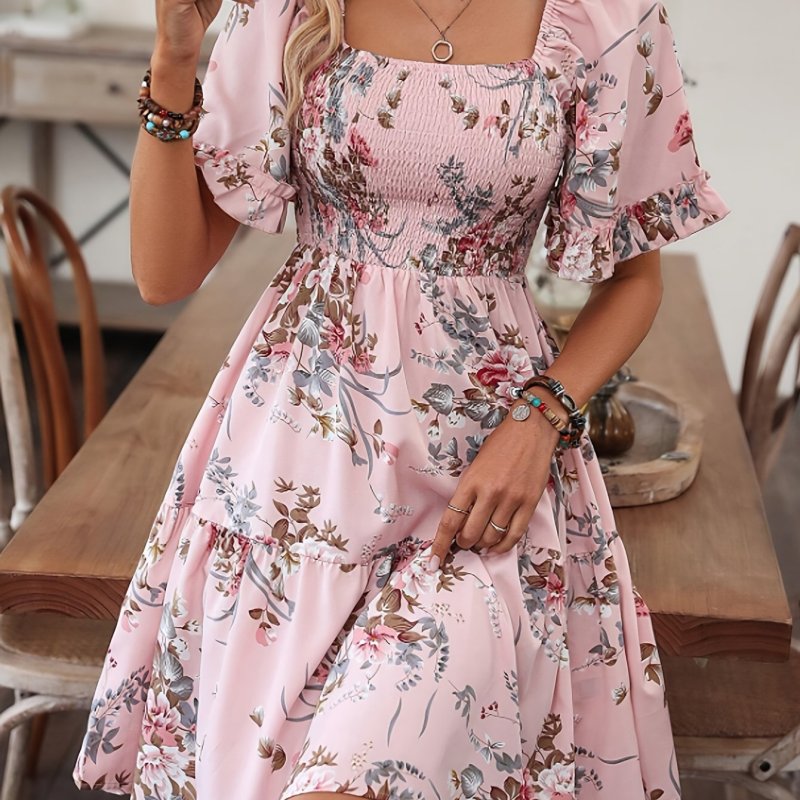 Floral Print Shirred Waist Dress, Elegant Short Sleeve Square Neck Dress, Women's Clothing