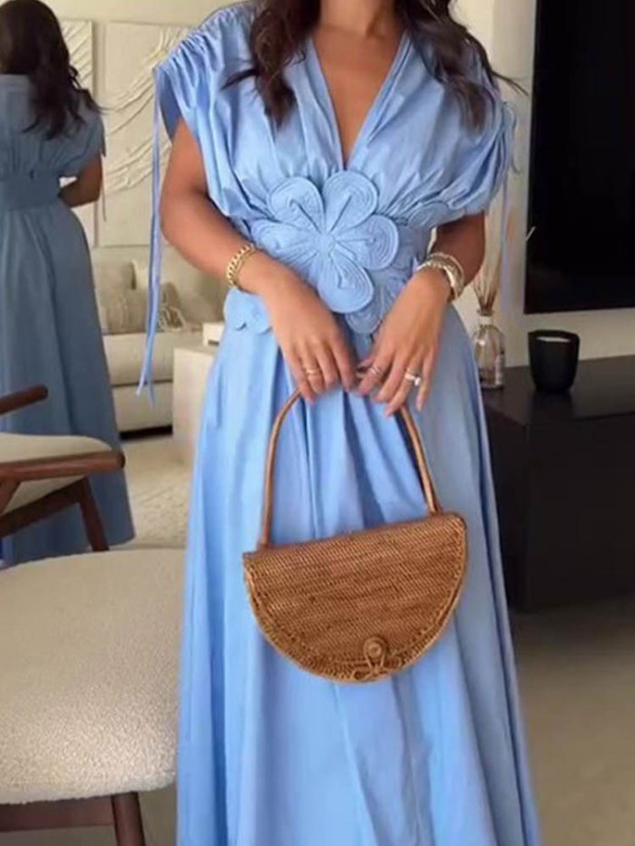 Three-dimensional Flower V-neck Dress