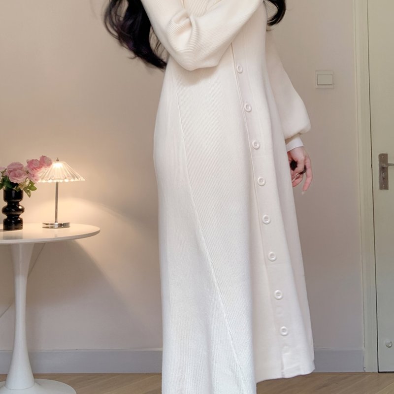Button Front Collared Knit Dress, Chic Solid Color Lantern Sleeve A-line Ankle Length Dress For Fall & Winter, Women's Clothing