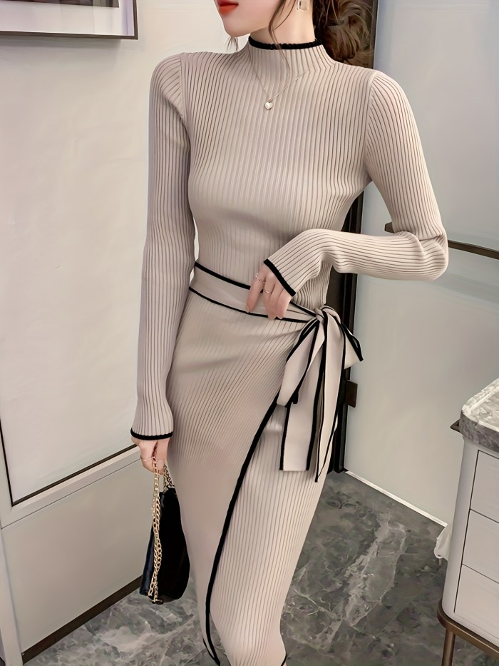 Elegant Knit Sweater Dress For Women - Chic Long Sleeve, Mock Neck, Bodycon Fit With Belt Detail, Machine Washable - Perfect For Fall & Winter Sweaters For Women Sweaters For Women Plus Size