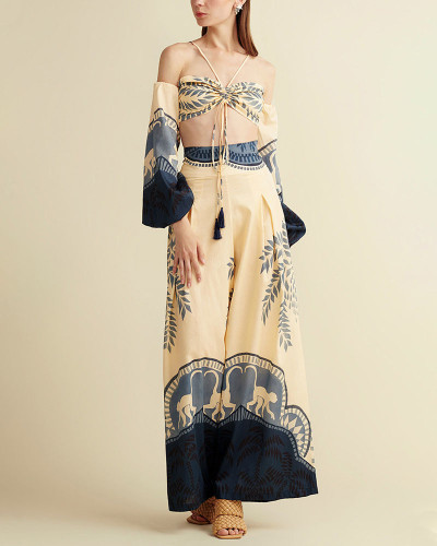 Chic Abstract Print Lace-Up Two-Piece Set