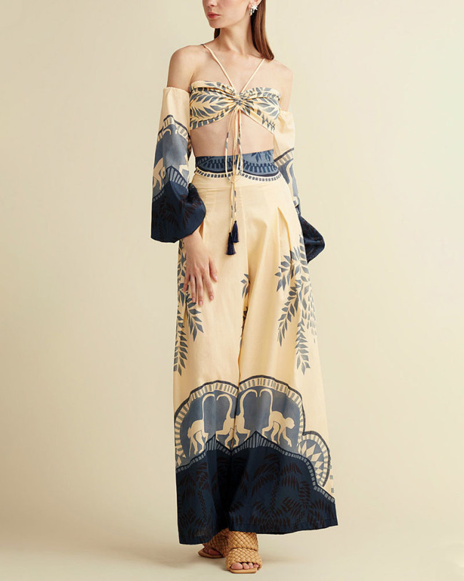 Chic Abstract Print Lace-Up Two-Piece Set