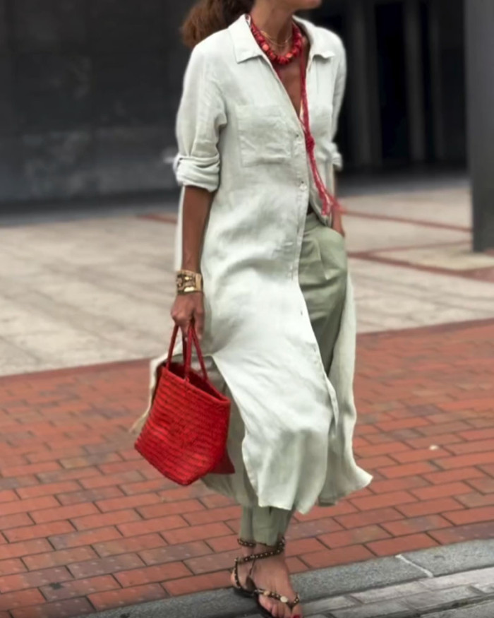Casual Solid Color Long Shirt & Pants Two-piece Set