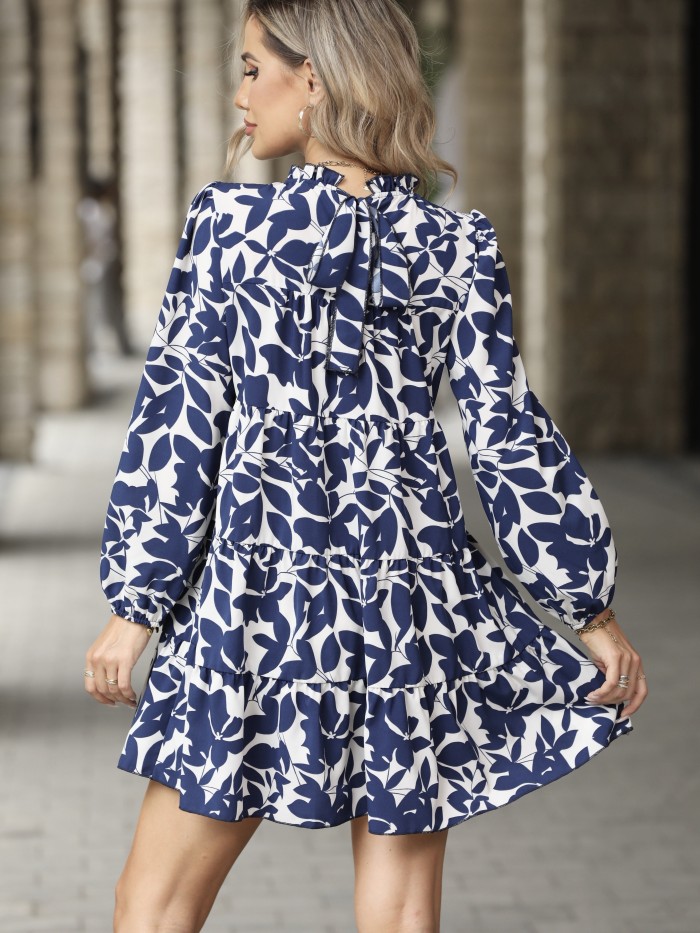 Long Sleeve Mini Dress - Elegant Floral Print, High Neck, No Elasticity, Woven Polyester, Machine Washable, Customized Style for Women - Perfect for Spring and Fall