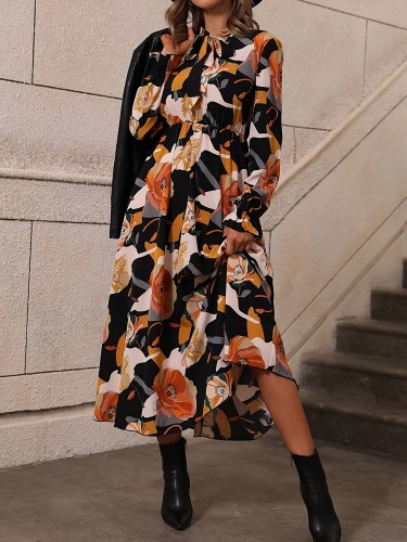 Floral Print Cinched Waist A-line Dress, Casual Tie Neck Long Sleeve Dress For Spring & Fall, Women's Clothing