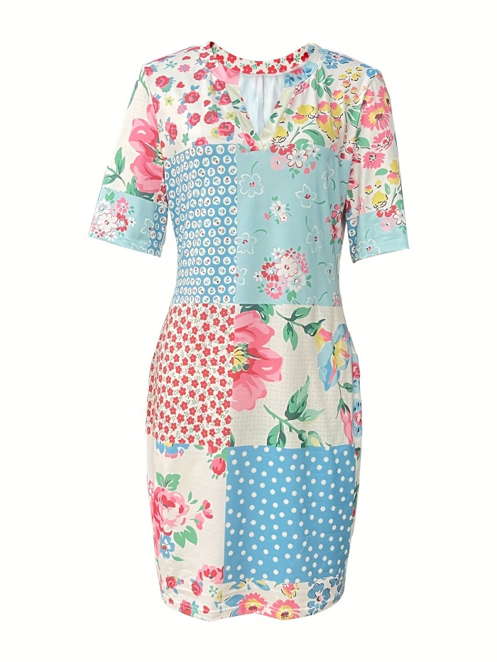 Floral Print Notched Neck Dress, Vacation Style Short Sleeve Loose Dess For Spring & Summer, Women's Clothing