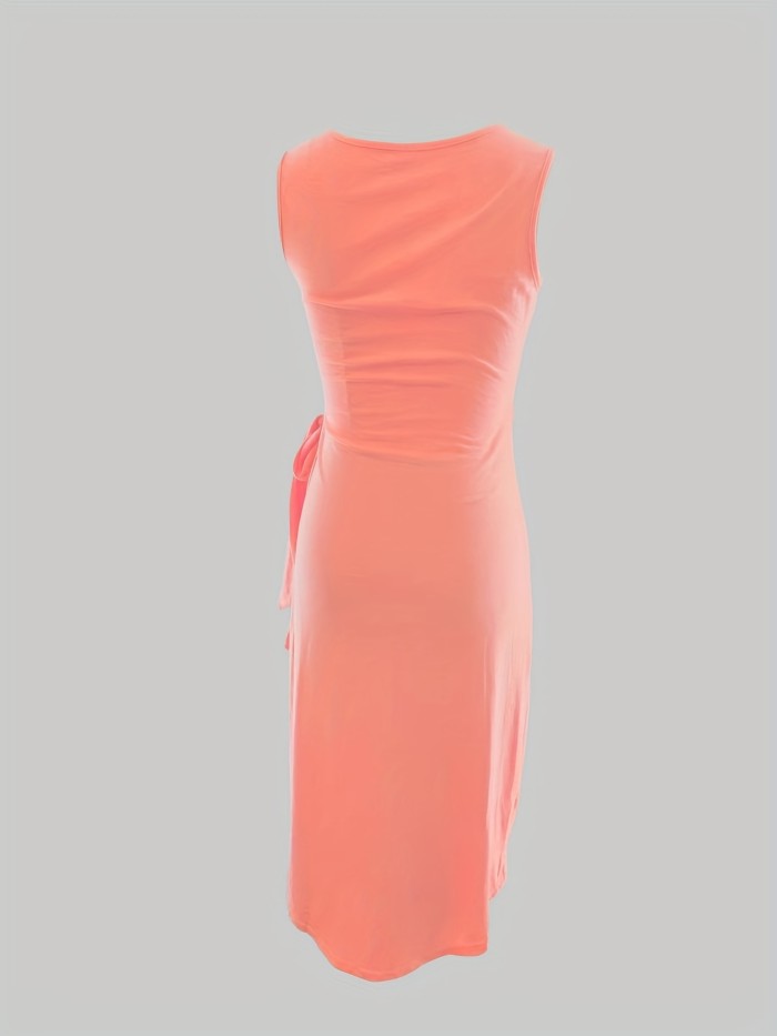 Knotted Solid Dress, Casual V Neck Sleeveless Bodycon Dress, Women's Clothing