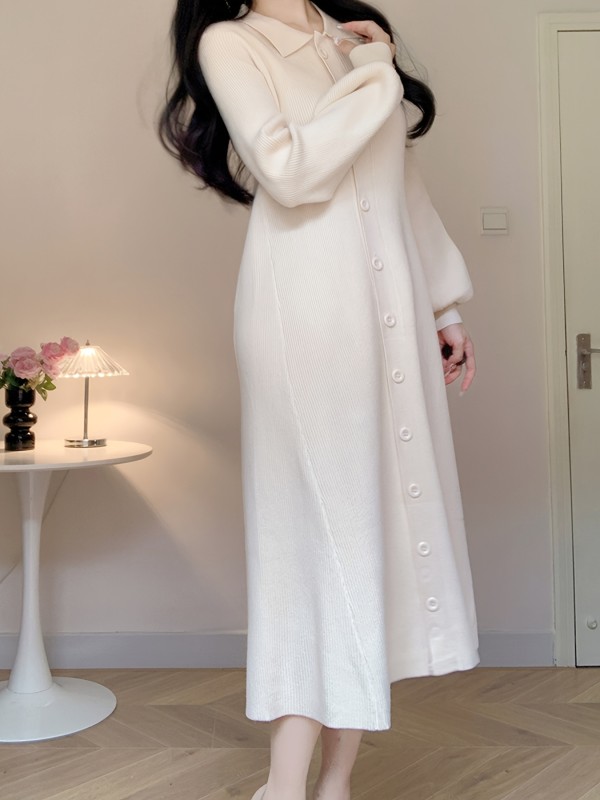 Button Front Collared Knit Dress, Chic Solid Color Lantern Sleeve A-line Ankle Length Dress For Fall & Winter, Women's Clothing