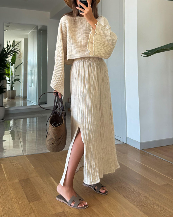 Casual Holiday Trumpet Sleeve Top & Split Skirt Two-Piece Set