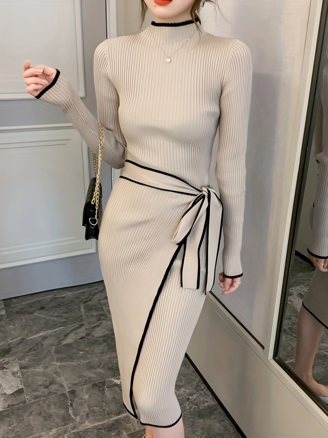Elegant Knit Sweater Dress For Women - Chic Long Sleeve, Mock Neck, Bodycon Fit With Belt Detail, Machine Washable - Perfect For Fall & Winter Sweaters For Women Sweaters For Women Plus Size