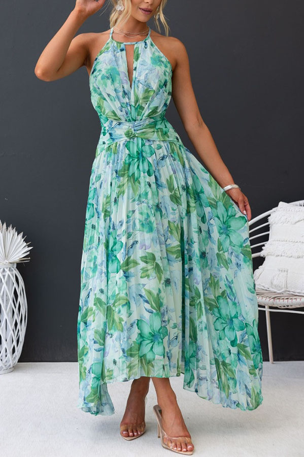 Halter Neck Sleeveless V-Neck Printed Swing Dress