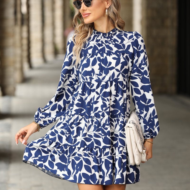 Long Sleeve Mini Dress - Elegant Floral Print, High Neck, No Elasticity, Woven Polyester, Machine Washable, Customized Style for Women - Perfect for Spring and Fall