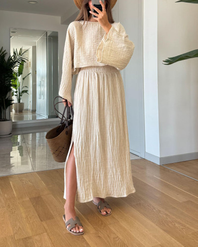 Casual Holiday Trumpet Sleeve Top & Split Skirt Two-Piece Set
