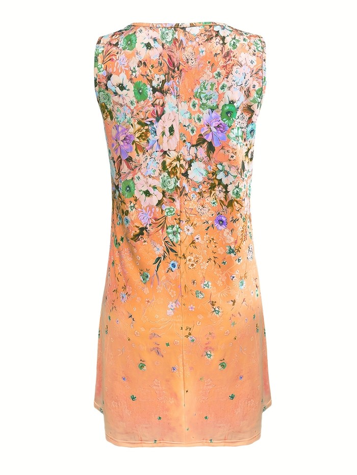 Floral Print Crew Neck Tank Dress, Casual Sleeveless Ring Linked Dress For Spring & Summer, Women's Clothing