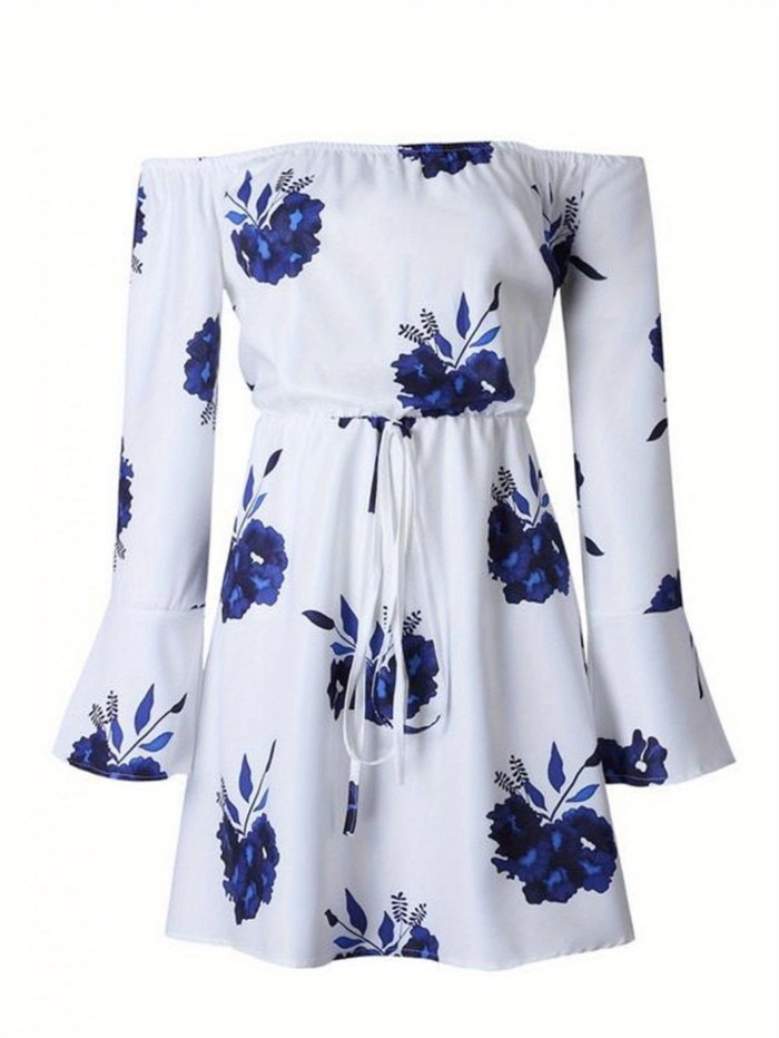 Women Summer Off Shoulder Floral Mini Dress Long Bell Sleeve Boho Beach Swing Short Dress