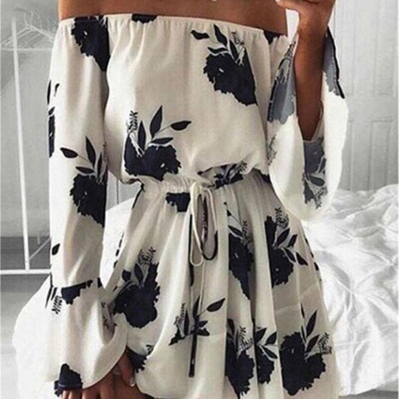 Women Summer Off Shoulder Floral Mini Dress Long Bell Sleeve Boho Beach Swing Short Dress