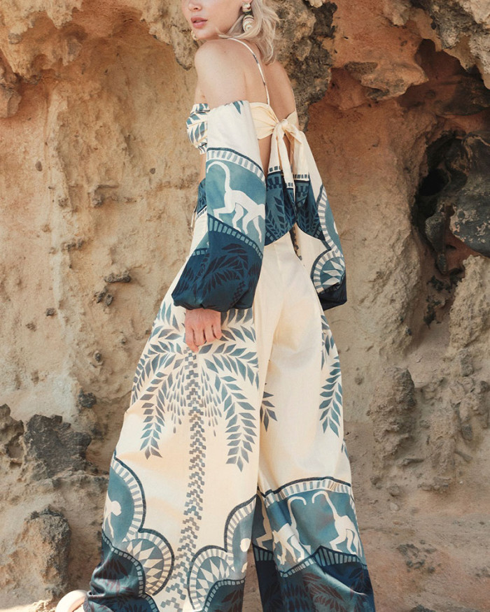 Chic Abstract Print Lace-Up Two-Piece Set