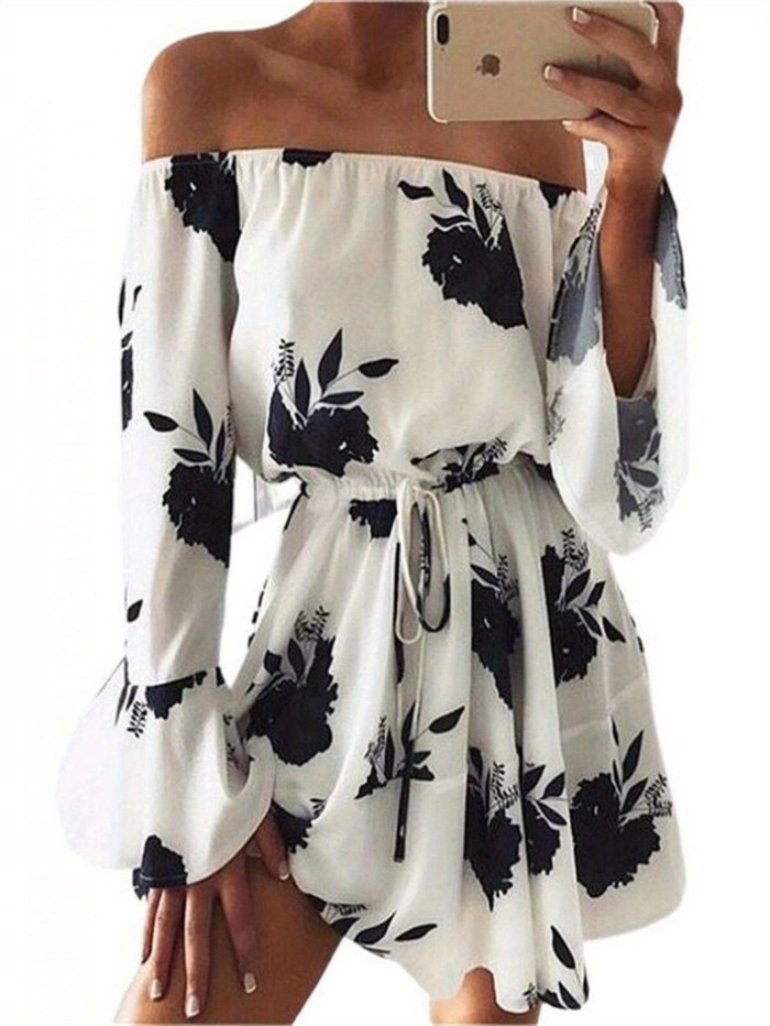 Women Summer Off Shoulder Floral Mini Dress Long Bell Sleeve Boho Beach Swing Short Dress