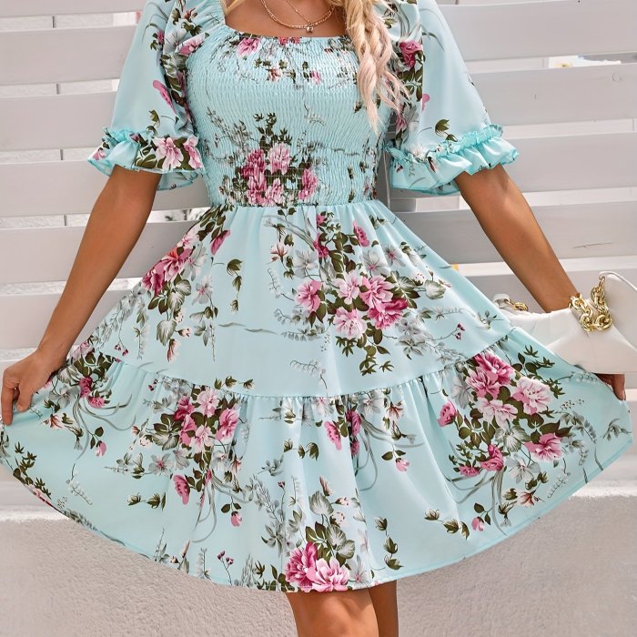 Floral Print Shirred Waist Dress, Elegant Short Sleeve Square Neck Dress, Women's Clothing