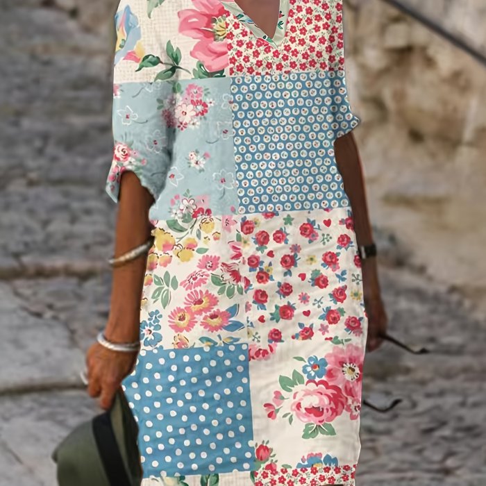 Floral Print Notched Neck Dress, Vacation Style Short Sleeve Loose Dess For Spring & Summer, Women's Clothing
