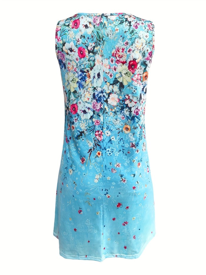 Floral Print Crew Neck Tank Dress, Casual Sleeveless Ring Linked Dress For Spring & Summer, Women's Clothing