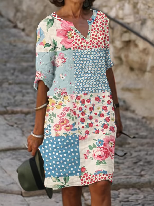 Floral Print Notched Neck Dress, Vacation Style Short Sleeve Loose Dess For Spring & Summer, Women's Clothing