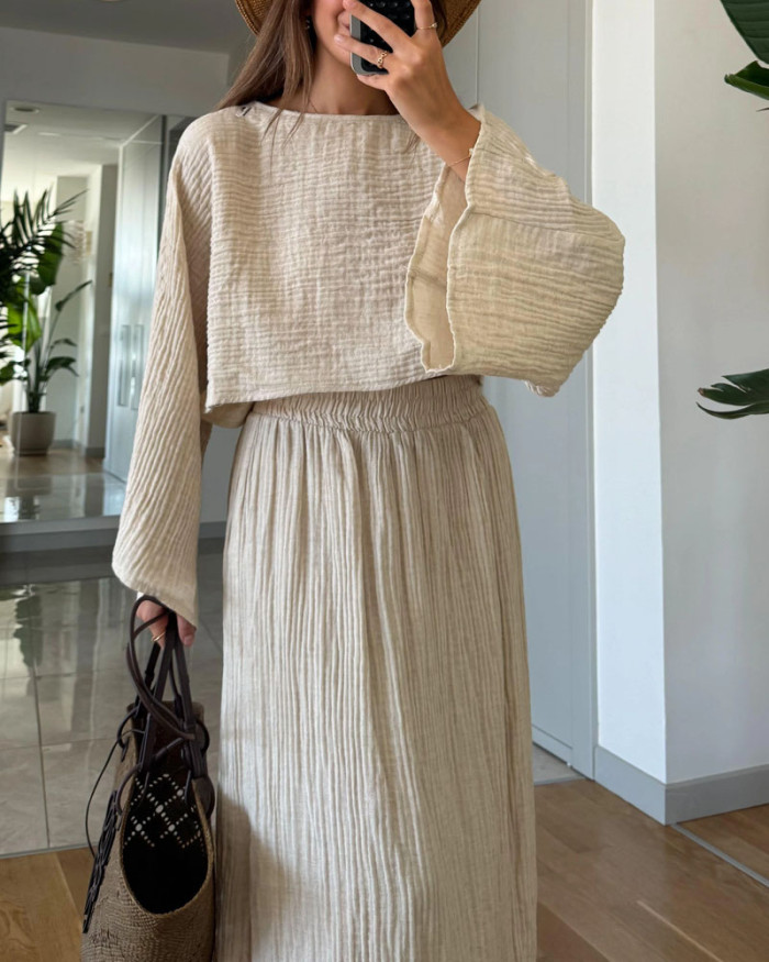 Casual Holiday Trumpet Sleeve Top & Split Skirt Two-Piece Set