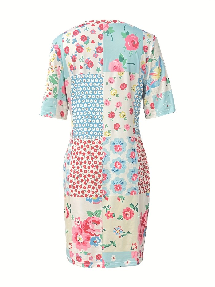 Floral Print Notched Neck Dress, Vacation Style Short Sleeve Loose Dess For Spring & Summer, Women's Clothing