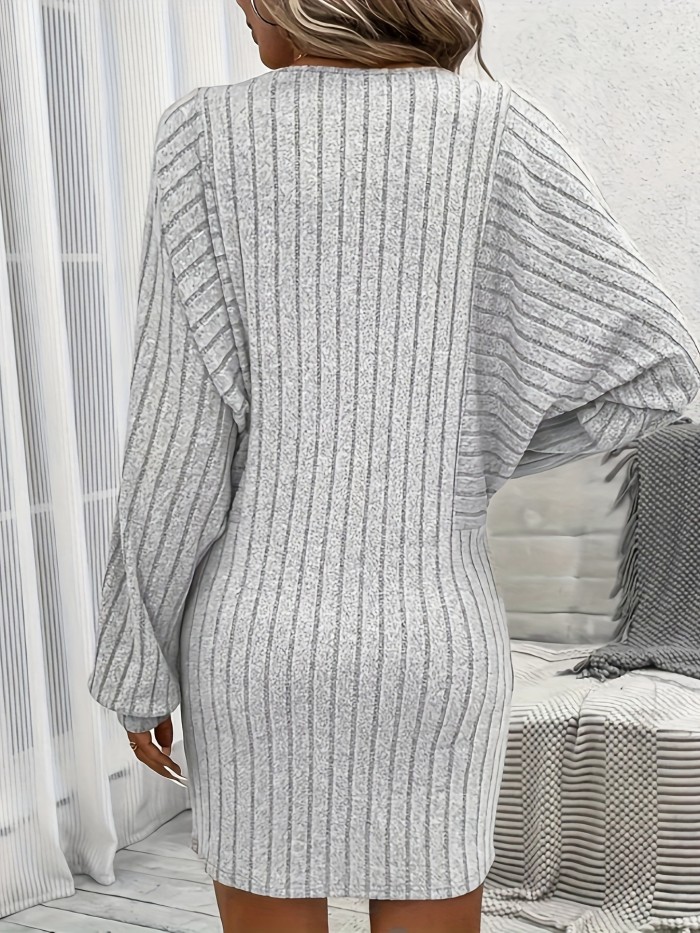 Rib Knit Crew Neck Dress, Elegant Long Sleeve Bodycon Aline Dress For Spring & Fall, Women's Clothing
