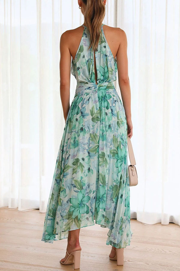Halter Neck Sleeveless V-Neck Printed Swing Dress