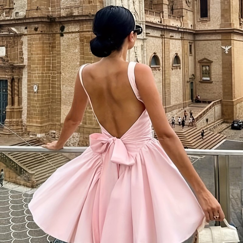 Backless Bow Back Square Neck Cami Dress, Elegant Sleeveless Mini Dress For Spring & Summer, Women's Clothing