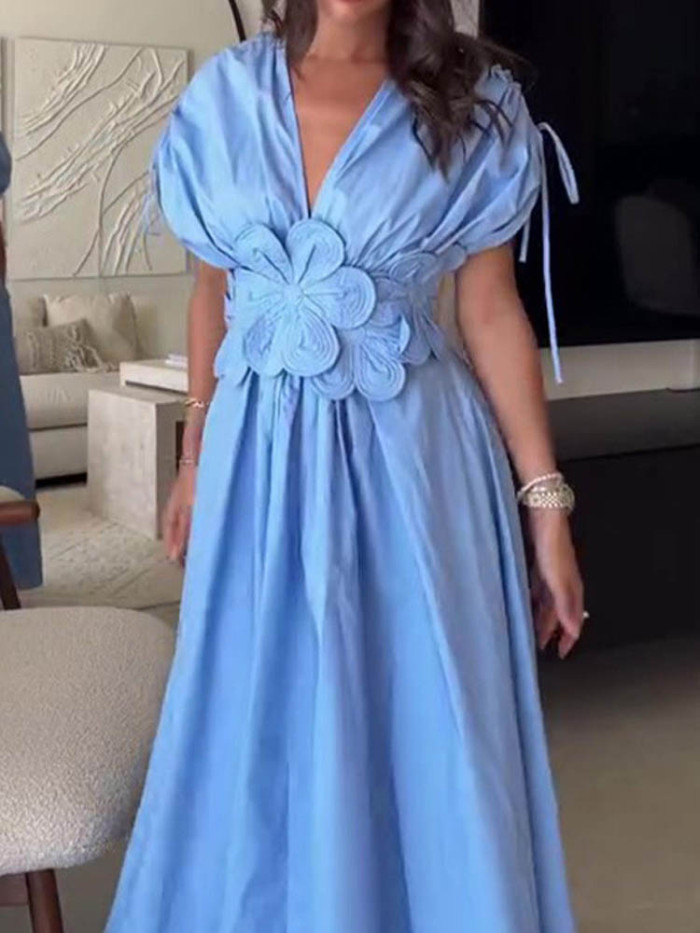 Three-dimensional Flower V-neck Dress