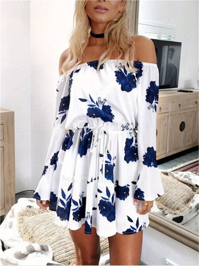 Women Summer Off Shoulder Floral Mini Dress Long Bell Sleeve Boho Beach Swing Short Dress