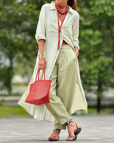 Casual Solid Color Long Shirt & Pants Two-piece Set
