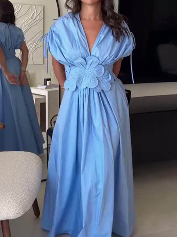 Three-dimensional Flower V-neck Dress