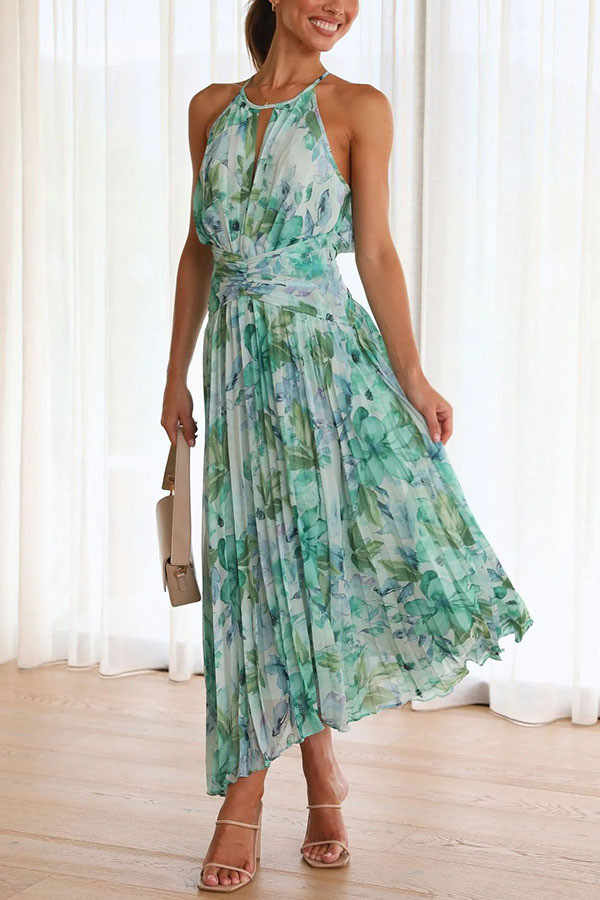 Halter Neck Sleeveless V-Neck Printed Swing Dress