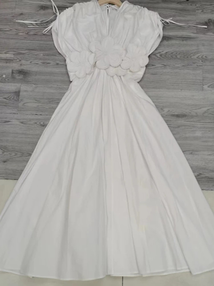 Three-dimensional Flower V-neck Dress