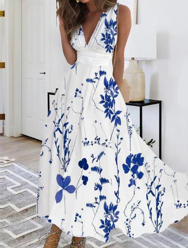 Sexy Floral Print  Fashion Backless Beach Sundress Casual Sleeveless  Dresses