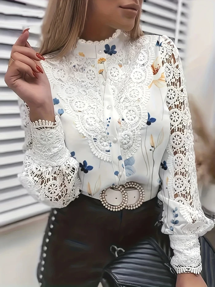 Fashion Elegant Long Sleeve Lace Patchwork Shirt for Women Office Ladies Tops Blouses & Shirts