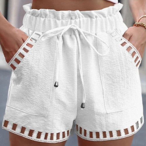 Women's Shorts Cotton Linen Solid Color Thin Hollow Out Design Trim Pocket Tight Waist Shorts Beachwear White Clothes