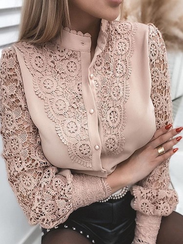 Women Sexy White Lace Patchwork Hollow Out Shirt Blouse Long Sleeve O-Neck Mesh Tops