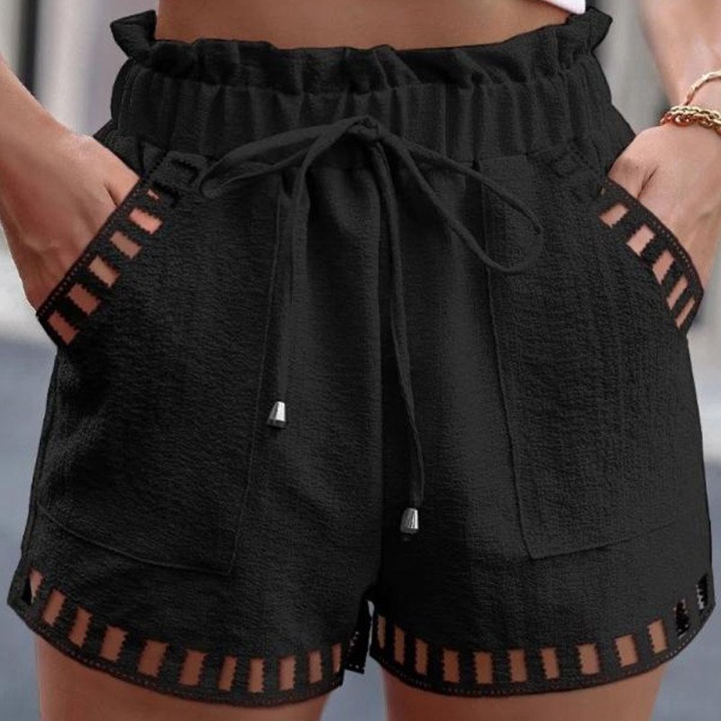 Women's Shorts Cotton Linen Solid Color Thin Hollow Out Design Trim Pocket Tight Waist Shorts Beachwear White Clothes