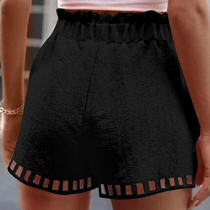Women's Shorts Cotton Linen Solid Color Thin Hollow Out Design Trim Pocket Tight Waist Shorts Beachwear White Clothes