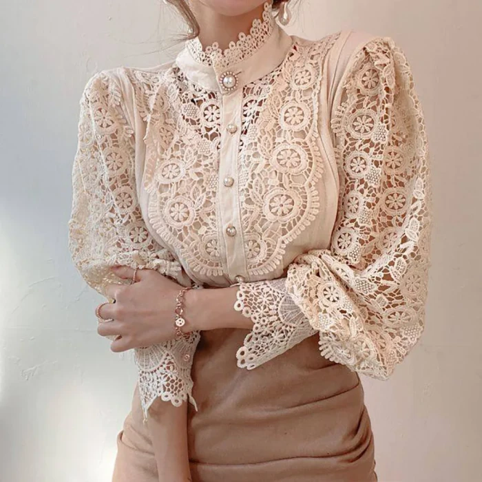Fashion Elegant Long Sleeve Lace Patchwork Shirt for Women Office Ladies Tops Blouses & Shirts