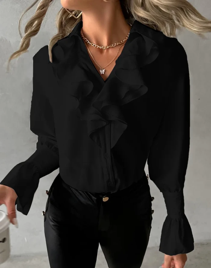 Fashion Elegant  Long Sleeve Shirt Casual  Turn-down Collar OL Style White Tops  Blouse
