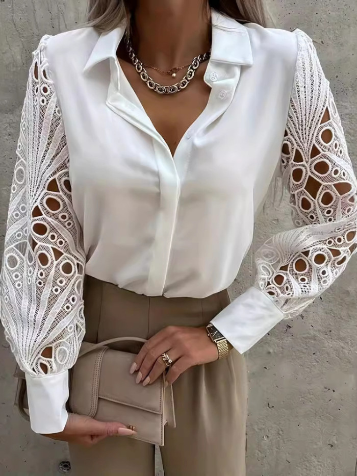 Fashion Elegant Long Sleeve Lace Patchwork Shirt for Women Office Ladies Tops Blouses & Shirts