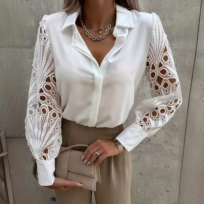 Fashion Elegant Long Sleeve Lace Patchwork Shirt for Women Office Ladies Tops Blouses & Shirts