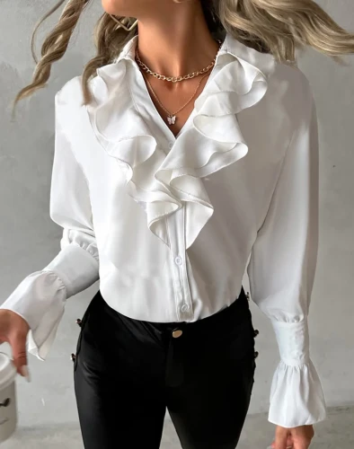 Fashion Elegant  Long Sleeve Shirt Casual  Turn-down Collar OL Style White Tops  Blouse